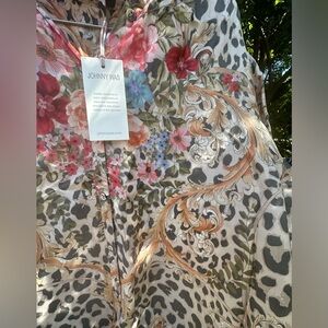 🐅 Johnny Was Multicolor Floral and Animal Print Silk Blouse